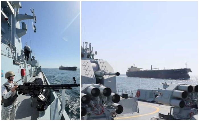 Pakistan Navy ships escorting Pakistani merchant vessels during Operation Muhafiz-ul-Bahr. — ISPR
