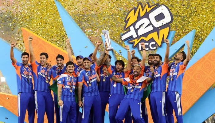 Indias Suryakumar Yadav lifts the trophy as he celebrates with teammates after winning the ICC Mens T20 World Cup, Narendra Modi Stadium, Ahmedabad, India, March 8, 2026. — Reuters