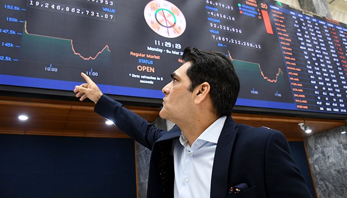 An investor monitors stocks at the Pakistan Stock Exchange in Karachi, on March 9, 2025. — Online