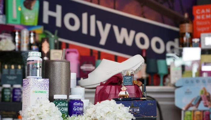 Items included in the Everyone Wins nominee gift bag are displayed in Los Angeles, California, US, March 9, 2026. — Reuters