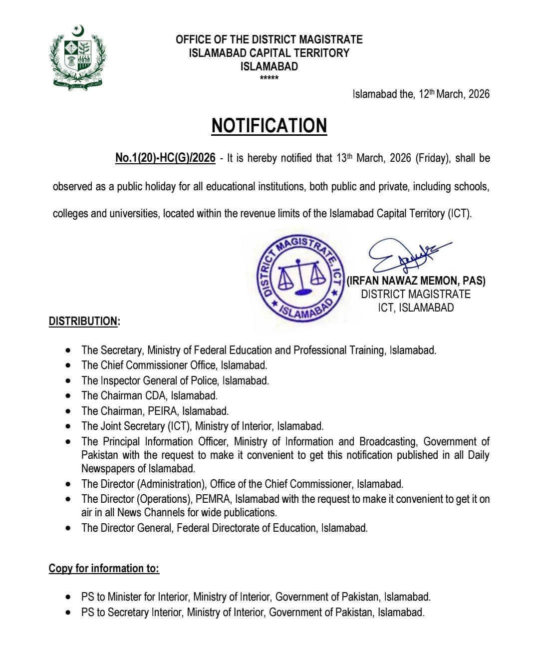 All Islamabad educational institutions ordered to shut today