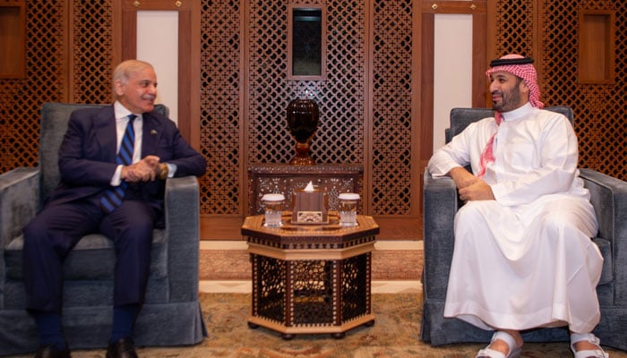 Prime Minister Shehbaz Sharif (left) and Crown Prince Mohammed bin Salman are seen in a meeting, in a photo released on March 12, 2026. — X@KSAmofaEN