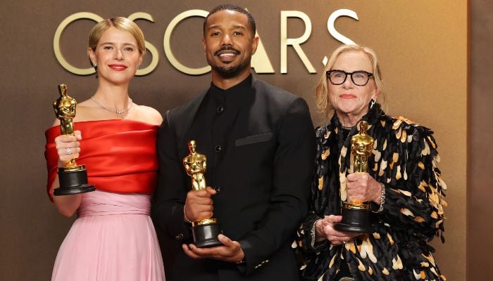 (L-R) Jessie Buckley, winner of the Best Actress in a Leading Role Award for Hamnet and Michael B Jordan, winner of the Best Actor Award for Sinners, and Amy Madigan, winner of the Best Actress in a Supporting Role Award for Weapons, pose in the press room during the 98th Oscars at Dolby Theatre on March 15, 2026 in Hollywood, California, US. — AFP