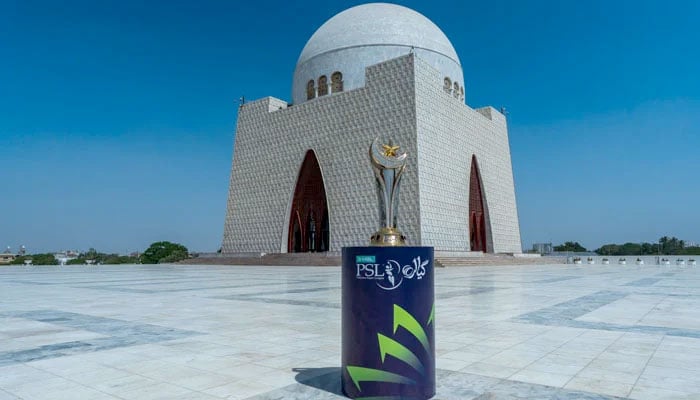 Infinity trophy for PSL 11 pictured at the Quaid-e-Azam Mausoleum in Karachi on March 12, 2026. — PSL