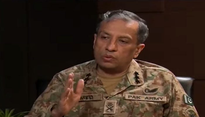 Inter-Services Public Relations (ISPR) Director General (DG) Lieutenant General Ahmed Sharif Chaudhry speaks on Geo News programme Capital Talk. — Screengrab via Geo News