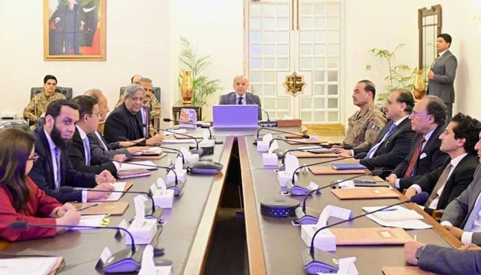 Prime Minister Shehbaz Sharif chairs a high-level meeting to assess the economic situation and availability of petroleum products in country due to Gulf situation on March 19, 2026. — PID