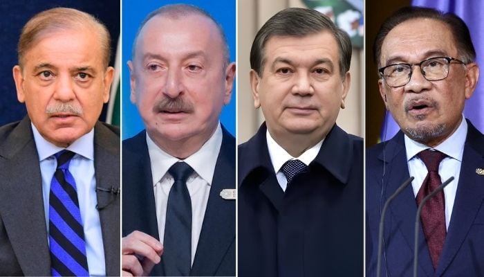 (Left to right) This collage shows undated photos Prime Minister Shehbaz Sharif, Azerbaijan President Ilham Aliyev, Uzbekistan President Shavkat Mirziyoyev, and Malaysian PM Anwar Ibrahim. — Reuters