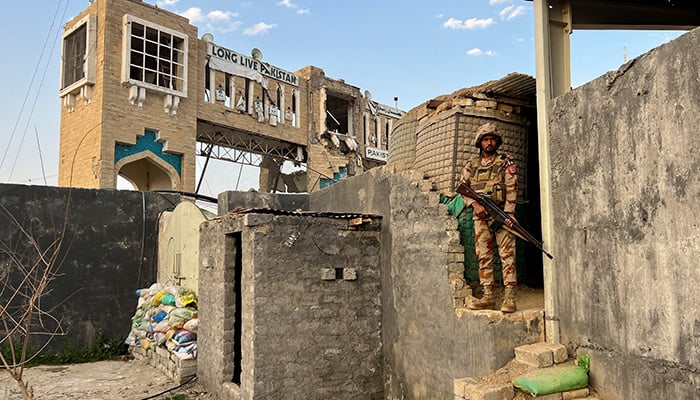 An army soldier stands at a post at the Friendship Gate, following exchanges of fire between Pakistani and Afghan forces at the border crossing between the two countries in Chaman, on February 27, 2026. — Reuters