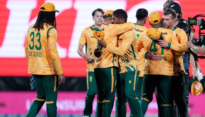 South Africa players celebrate their win in the fourth Twenty20 international cricket match between New Zealand and South Africa in Wellington on March 22, 2026. — AFP