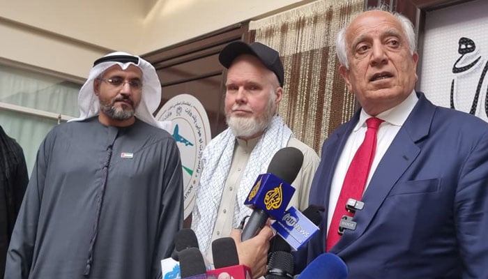 US former special envoy to Afghanistan Zalmay Khalilzad (right) flanked by Dennis Coyle (sedond right) talks to media in Kabul on March 24, 2026. — X/ @TOLONewsEnglish