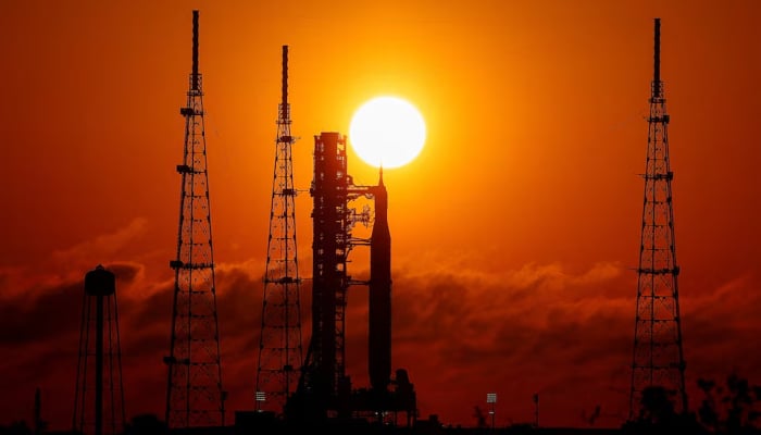 Nasas next-generation moon rocket, the Space Launch System rocket with the Orion crew capsule, on launch pad 39B as the sun rises at the Kennedy Space Center in Cape Canaveral, Florida, US, March 24, 2026. — Reuters