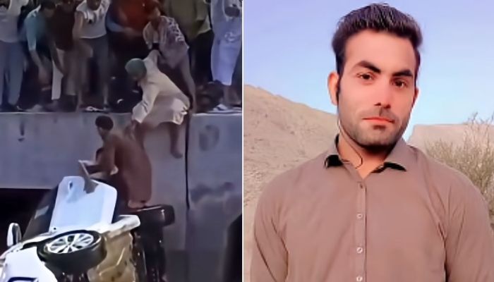 A photo collage shows Pakistani expat Shahzad Khan and a still of him rescuing people from a car being swept away in a flood. — YouTube/@mr.muscat91