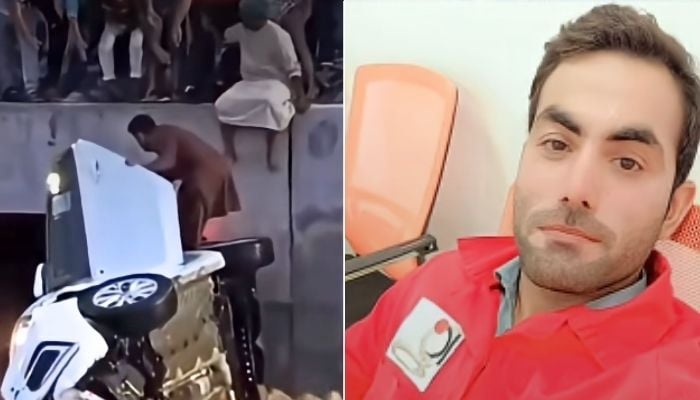 A photo collage shows Pakistani expat Shahzad Khan and a still of him rescuing people from a car being swept away in a flood. — YouTube/@mr.muscat91