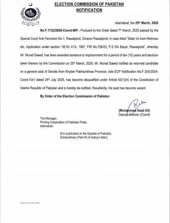Murad Saeed disqualified as PTI senator following conviction in May 9 case