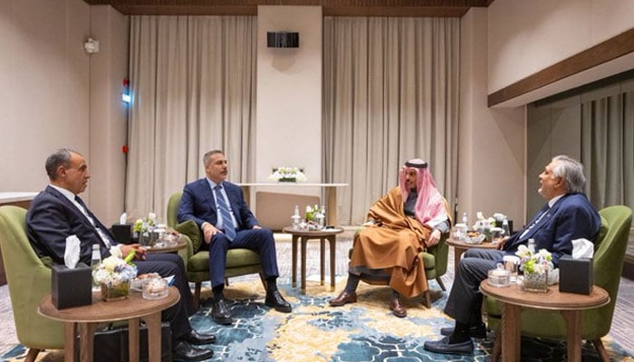 From left: Egyptian Foreign Minister Badr Abdelatty, Turkish Foreign Minister Hakan Fidan, Saudi Foreign Minister Faisal bin Farhan Al Saud and Pakistani Foreign Minister Ishaq Dar meeting in Riyadh, Saudi Arabia, on March 19, 2026. — X/@KSAMOFA
