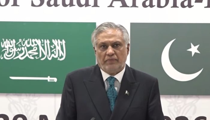 Deputy Prime Minister Ishaq Dar speaks during a televised address in Islamabad, March 29, 2026. — Screengrab via YouTube/Geo News