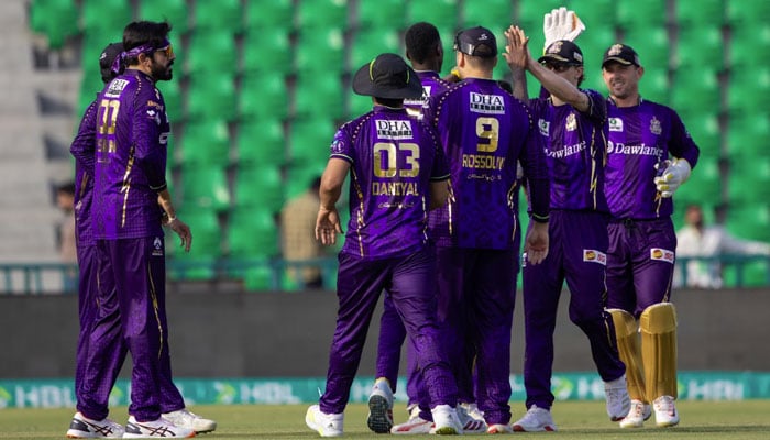 Quetta Gladiators players celebrate a wicket in their Pakistan Super League 11 match against Hyderabad Kingsmen at Gaddafi Stadium, Lahore, on March 29, 2026. — PSL