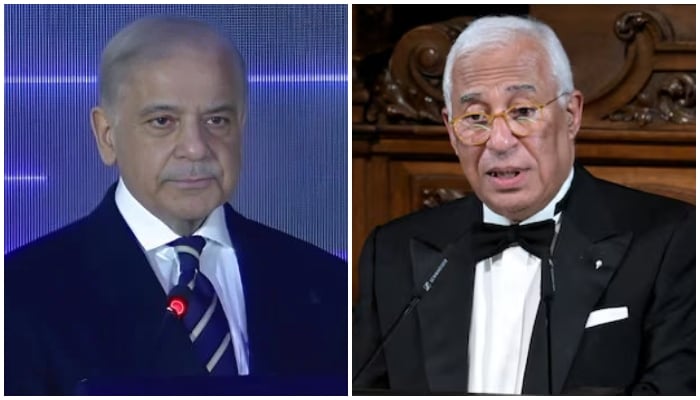 Prime Minister Shehbaz Sharif (left) and European Council President Antonio Costa. — Screengrab via YouTube/Geo News/Reuters/File