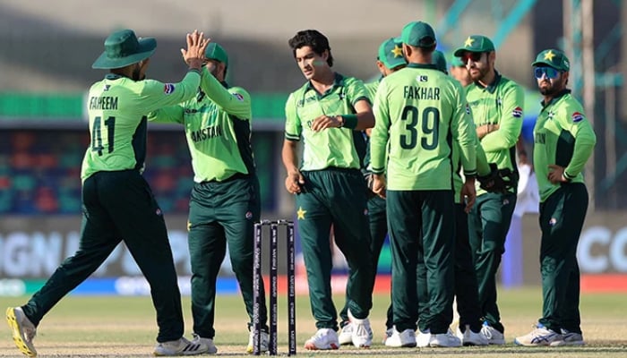 Pakistans Naseem Shah (left) celebrates with teammates after taking a wicket against during ICC Champions Trophy 2025 match at National Stadium Karachi on February 19, 2025. — Reuters