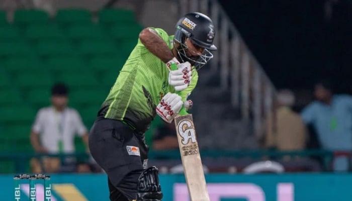 Lahore Qalandars Fakhar Zaman plays a shot during their PSL 11 match against Hyderabad Kingsmen at the Gaddafi Stadium in Lahore on March 26, 2026. — PSL