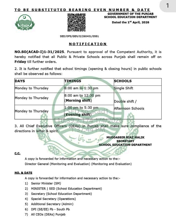 Friday declared weekly holiday for Punjab schools