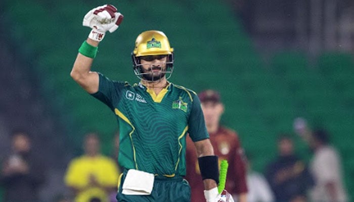 Multan Sultans Sahibzada Farhan celebrates after completing his century during the Pakistan Super League 11s eighth match against Hyderabad Kingsmen at Gaddafi Stadium, Lahore, on April 1, 2026. — PSL