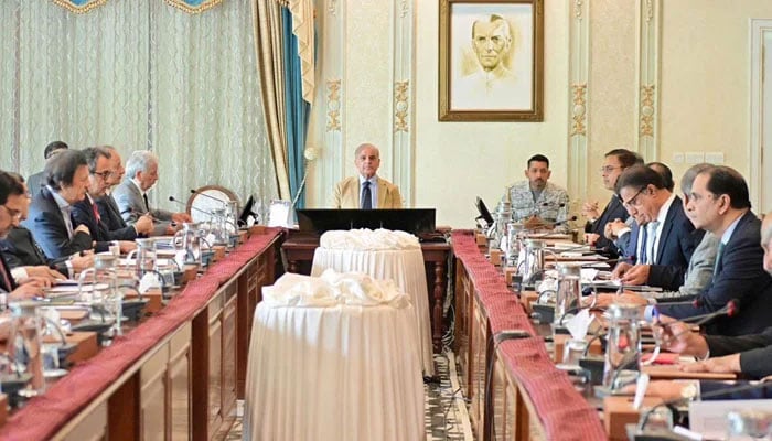 Prime Minister Shehbaz Shairf chairs a meeting on strategy formulation to curtain economic effects on public in the wake of current regional situation on April 1, 2026. — PID