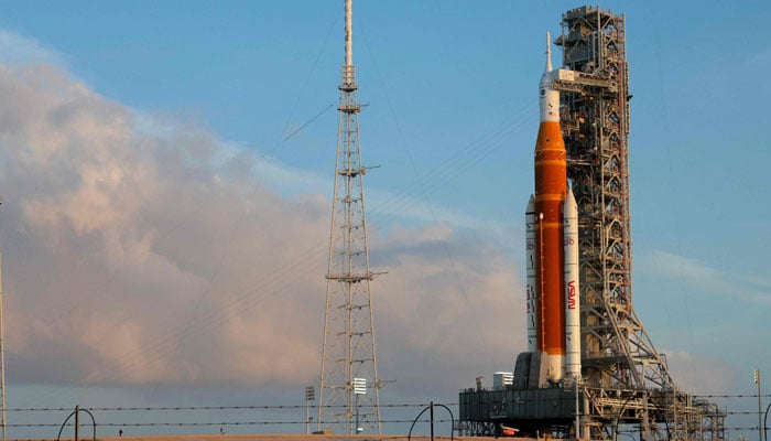 Nasa´s 322-foot-tall Artemis II Space Launch System rocket and Orion spacecraft stand on Launch Complex 39B at Kennedy Space Centre on March 31, 2026, in Cape Canaveral, Florida. — AFP
