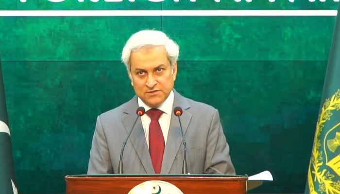 Foreign Office spokesperson Tahir Andrabi speaks during press briefing at Ministry of Foreign Affaris, Islamabad, April 2, 2026. — Screengrab via YouTube/Geo News