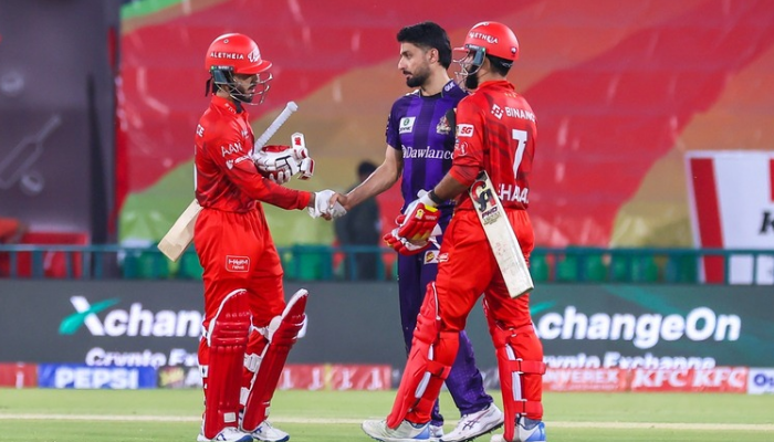 Islamabad Uniteds Sameer Minhas (left) and Shadab Khan (right) shake hands with Quetta Gladiators Abrar Ahmed after winning the match of Pakistan Super League 11 at Gaddafi Stadium, Lahore, on April 2, 2026. PSL