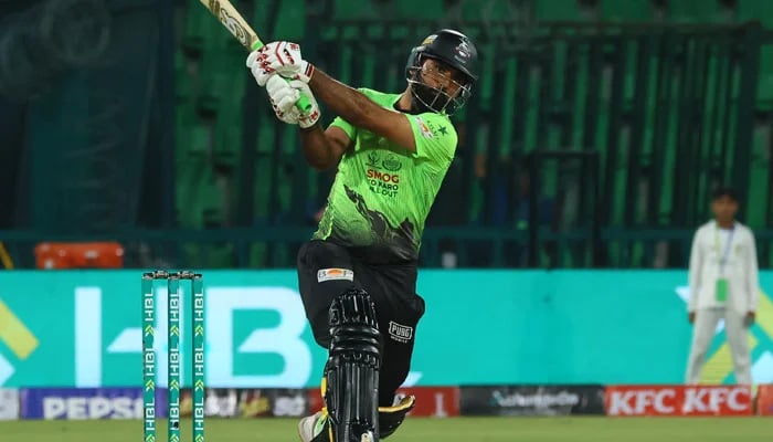 Lahore Qalandars Fakhar Zaman plays a shot during their PSL 11 match against Hyderabad Kingsmen at the Gaddafi Stadium in Lahore on March 26, 2026. — PSL