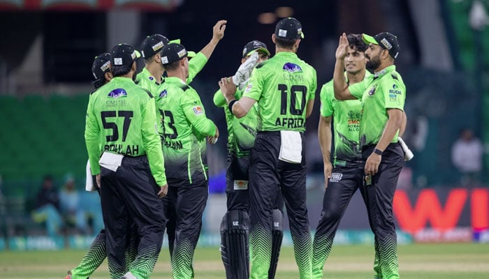 Lahore Qalandars players celebrate claiming a wicket during the PSL 11 match against Multan Sultans at Gaddafi Stadium, Lahore, on April 3, 2026. — PSL