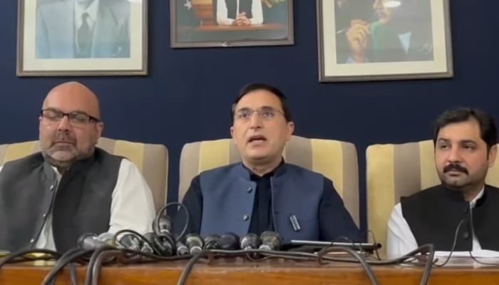 PTI chairman Barrister Gohar Khan (centre) addresses a press conference in Islamabad, April 3, 2026. — Screengrab via YouTube/Pakistan Tehreek-e-Insaf