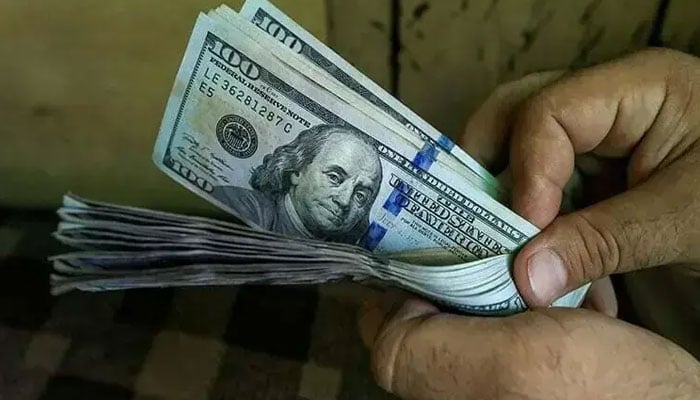 A trader counts US dollar banknotes at a currency exchange booth in Peshawar, September 15, 2021. — Reuters