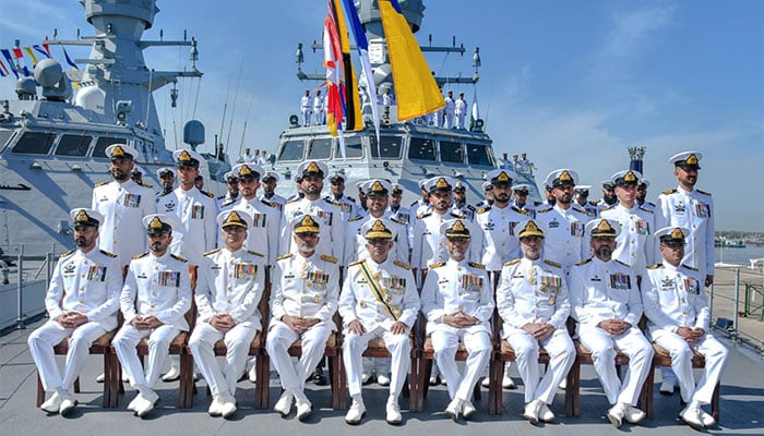 Chief of Naval Staff Admiral Naveed Ashraf along with ships crew during the induction ceremony of second PN Milgem Class Corvette PNS Khaibar. — Pakistan Navy