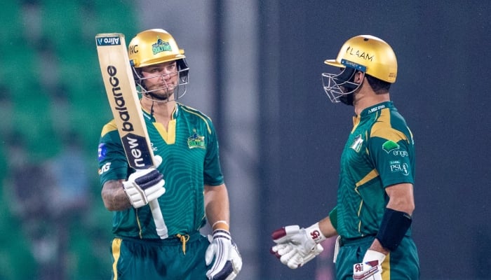Multan Sultans batter Josh Philippe(left) celebrates his fifty with Sahibzada Farhan during their PSL 11 match against Rawalpindiz at Gaddafi Stadium, Lahore, April 6, 2026. — PSL