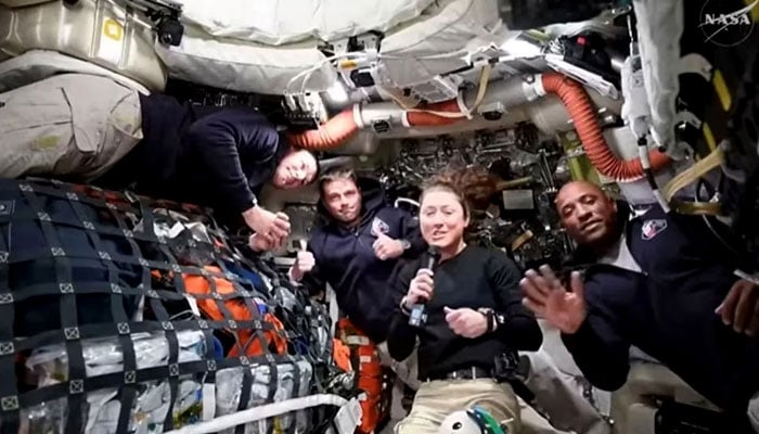 NASA Artemis II crew members Jeremy Hansen, Reid Wiseman, Christina Koch, and Victor Glover answer questions from reporters during the first downlink event of their mission, April 2, 2026. — Reuters
