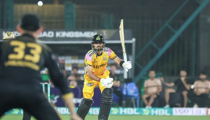 Peshawar Zalmis Babar Azam plays a shot during the Pakistan Super League (PSL) 11 match against Hyderabad Kingsmen at the National Bank Stadium, Karachi, on April 8, 2026. — PSL