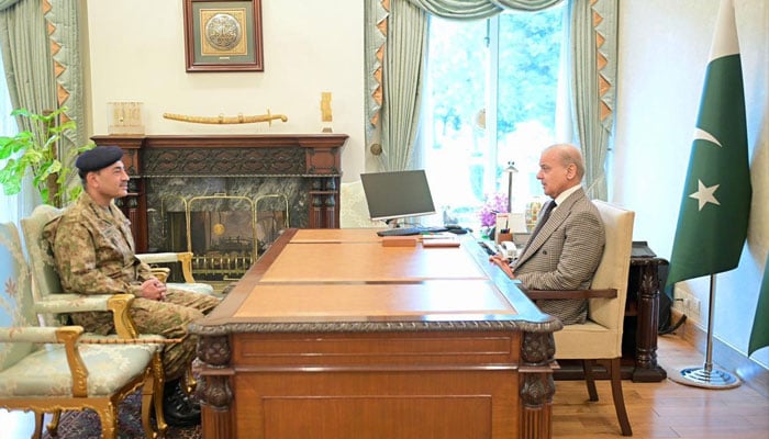 Chief of Army Staff and Chief of Defence Forces (CDF) Field Marshal Syed Asim Munir calls on Prime Minister Shehbaz Sharif at the PM Office on April 9, 2026. — X/@PakPMO