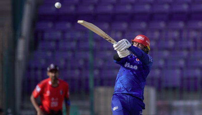 Islamabad Uniteds Devon Conway plays a shot during the Pakistan Super League (PSL) 11 match against Lahore Qalandars at the National Bank Stadium in Karachi on April 9, 2026. — PSL