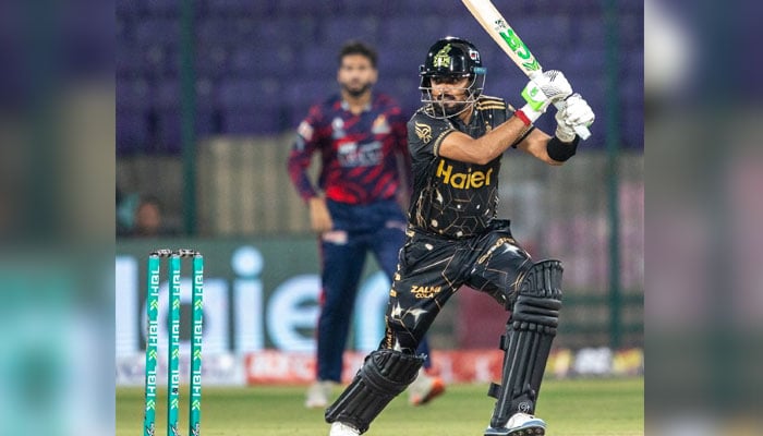 Peshawar Zalmis Babar Azam plays a shot during their PSL 11 match against Karachi Kings at the National Bank Stadium in Karachi on April 9, 2026. — PCB