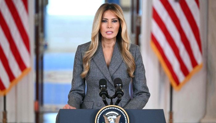 US First Lady Melania Trump speaks in the Cross Hall of the White House in Washington, DC, on April 9, 2026. — AFP