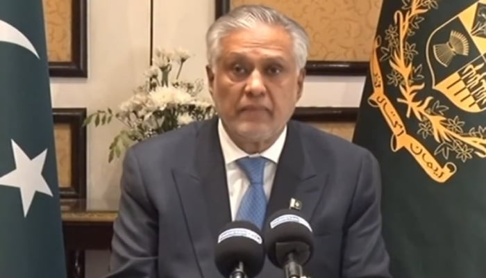 Deputy Prime Minister and Foreign Minister Ishaq Dar addressing concluding media breifing after the US-Iran talks in Islamabad on April 12, 2026. — Screengrab via PTV News