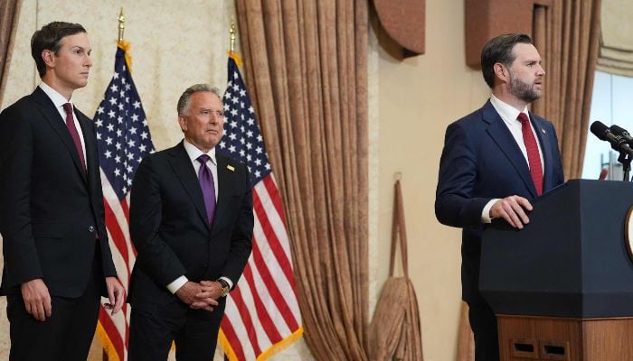 Vice President JD Vance (R) speaks during a news conference after meeting with representatives from Pakistan and Iran, as US President Donald Trump´s son-in-law Jared Kushner (L) and US Special Envoy to the Middle East Steve Witkoff (C) watch, in Islamabad on April 12, 2026. — AFP