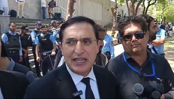 PTI Chairman Barrister Gohar Khan is speaking to the media in front of the Islamabad High Court on April 6, 2026. — X/Barrister Gohar Khan/screengrab