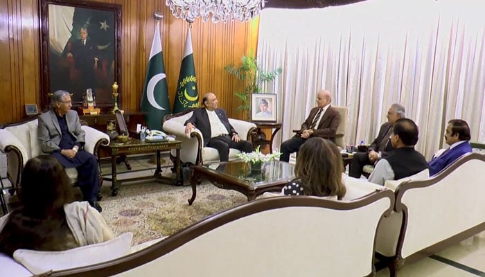 Prime Minister Shehbaz Sharif calls on President Asif Ali Zardari at Aiwan-e-Sadr, Islamabad, on April 14, 2026. — Screengrab via X/@PresOfPakistan