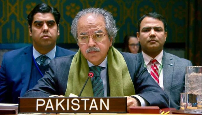 Pakistan’s Permanent Representative to the UN Ambassador Asim Iftikhar Ahmad speaks during a meeting. — X@PakistanUN/File