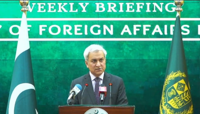 Foreign Office spokesperson Tahir Hussain Andarabi speaks during a weekly press briefing at Ministry of Foreign Affaris, Islamabad, April 16, 2026. — Screengrab via YouTube/Geo News