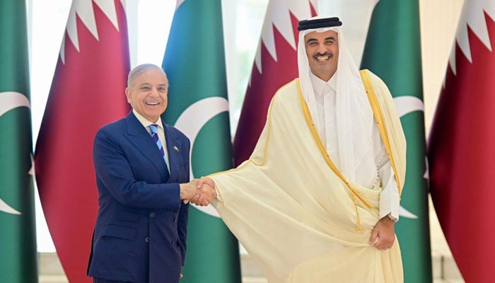 Prime Minister Shehbaz Sharif (left) meets Qatar’s Emir Tamim bin Hamad bin Khalifa Al Thani on April 16. —X/@GovtofPakistan