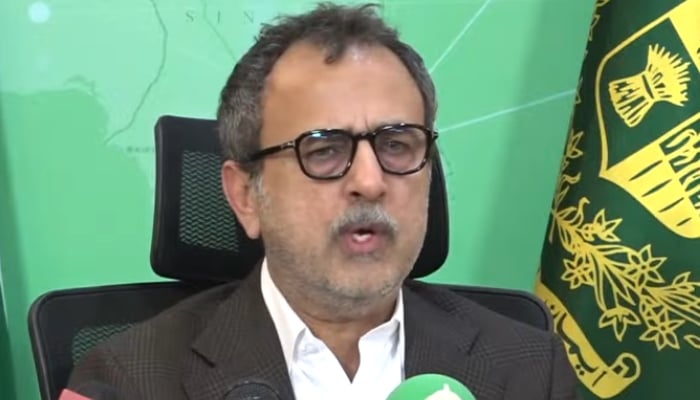 Federal Minister for Energy (Power Division) Awais Leghari addresses a news conference in Islamabad, April 16, 2026. — Screengrab via YouTube/Geo News